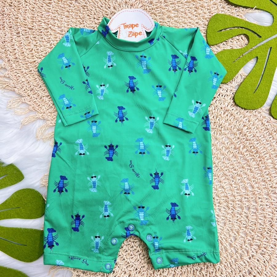 Linha Praia - Macacão Curto Lagostas Proteção UV50+ - Verde